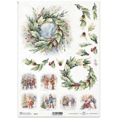 Ryžový papier na decoupage, A4, vianočný veniec a deti